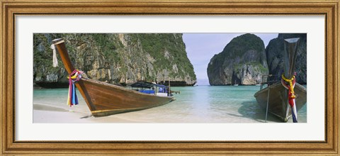 Framed Longtail boats moored on the beach, Mahya Beach, Ko Phi Phi Lee, Phi Phi Islands, Thailand Print
