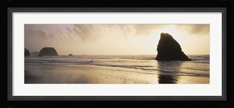 Framed Silhouette of rocks on the beach, Fort Bragg, Mendocino, California Print