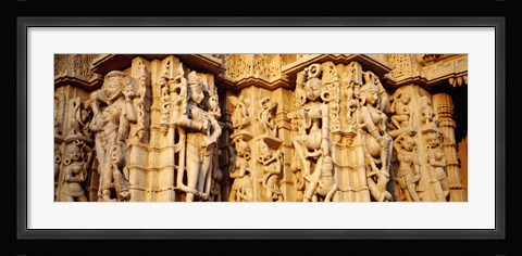 Framed Sculptures carved on a wall of a temple, Jain Temple, Ranakpur, Rajasthan, India Print