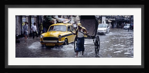 Framed Cars and a rickshaw on the street, Calcutta, West Bengal, India Print