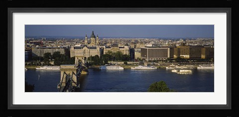 Framed Buildings at the waterfront, Chain Bridge, Danube River, Budapest, Hungary Print