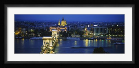 Framed High angle view of a suspension bridge lit up at dusk, Chain Bridge, Danube River, Budapest, Hungary Print