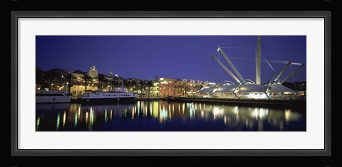 Framed Reflection of buildings in water, The Bigo, Porto Antico, Genoa, Italy Print