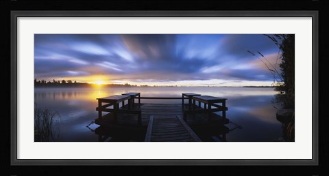 Framed Panoramic view of a pier at dusk, Vuoksi River, Imatra, Finland Print