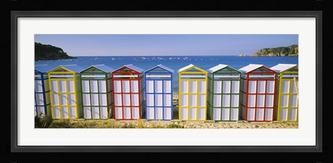 Framed Beach huts in a row on the beach, Catalonia, Spain Print