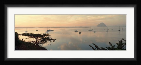 Framed Boats in a bay with Morro Rock in the distance, Morro Bay, San Luis Obispo, California, USA Print