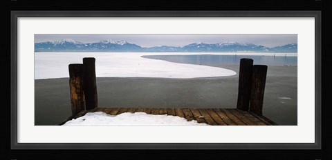 Framed Frozen lake in front of snowcapped mountains, Chiemsee, Bavaria, Germany Print