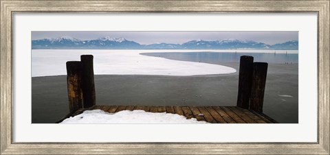 Framed Frozen lake in front of snowcapped mountains, Chiemsee, Bavaria, Germany Print