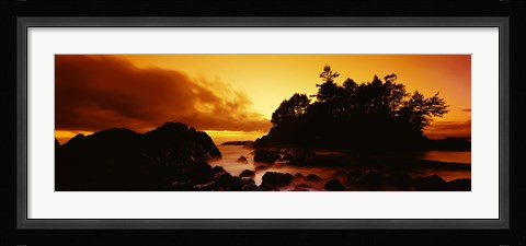 Framed Silhouette of rocks and trees at sunset, Tofino, Vancouver Island, British Columbia, Canada Print