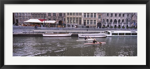 Framed High angle view of two people kayaking in the river, Leie River, Graslei, Ghent, Belgium Print