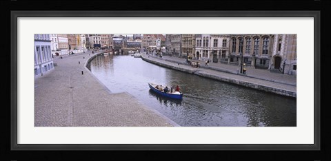 Framed High angle view of a boat in a river, Leie River, Graslei, Korenlei, Ghent, Belgium Print