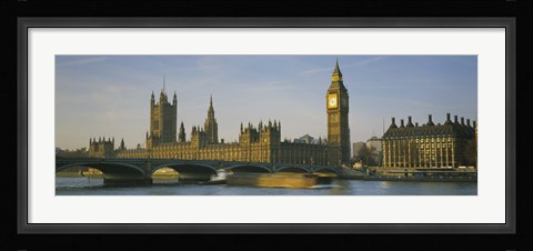 Framed Barge in a river, Thames River, Big Ben, City Of Westminster, London, England Print