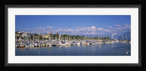 Framed Boats moored at a harbor, Lake Geneva, Lausanne, Switzerland Print