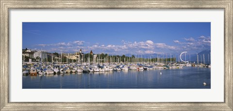Framed Boats moored at a harbor, Lake Geneva, Lausanne, Switzerland Print