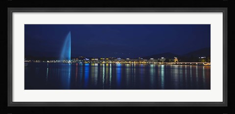 Framed Buildings lit up at night, Jet D'eau, Lake Geneva, Lausanne, Switzerland Print