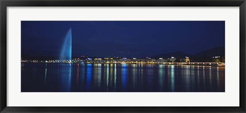 Framed Buildings lit up at night, Jet D&#39;eau, Lake Geneva, Lausanne, Switzerland Print