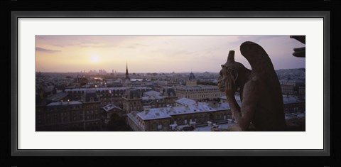 Framed Chimera sculpture with a cityscape in the background, Galerie Des Chimeres, Notre Dame, Paris, Ile-De-France, France Print