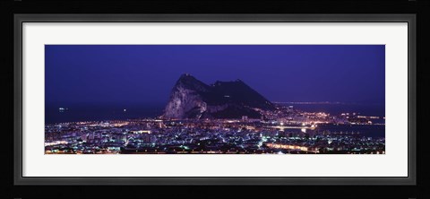 Framed High angle view of a city lit up at night, Rock Of Gibraltar, Andalusia, Spain Print