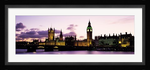 Framed Buildings lit up at dusk, Big Ben, Houses of Parliament, Thames River, City Of Westminster, London, England Print