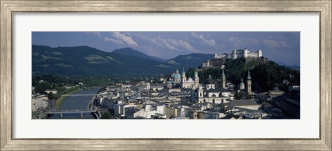 Framed High angle view of a castle on top of a mountain, Hohensalzburg Fortress, Salzach River, Salzburg, Austria Print