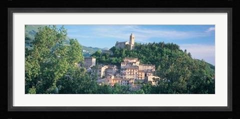 Framed Buildings surrounded by trees, Montefortino, Province of Ascoli Piceno, Marches, Italy Print