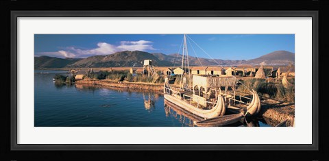 Framed Reed Boats at the lakeside, Lake Titicaca, Floating Island, Peru Print
