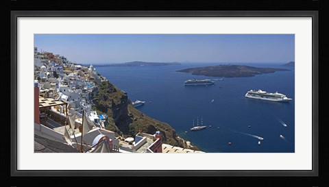 Framed Ships in the sea viewed from a town, Santorini, Cyclades Islands, Greece Print