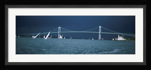 Framed Storm approaches sailboats racing past Rose Island lighthouse and Newport Bridge in Narragansett Bay, Newport, Rhode Island USA Print