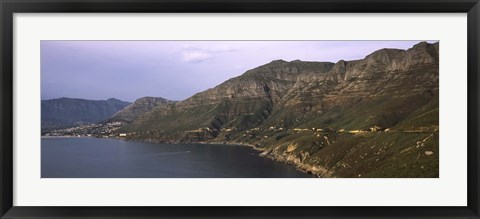 Framed Road towards a mountain peak with town, Mt Chapman&#39;s Peak, Hout Bay, Cape Town, Western Cape Province, Republic of South Africa Print