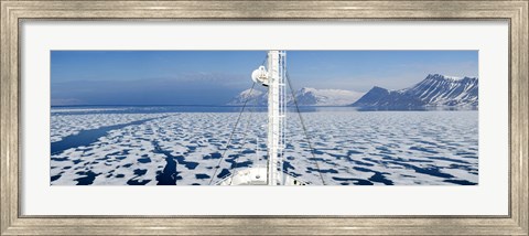 Framed Ship in the ocean with a mountain range in the background, Bellsund, Spitsbergen, Svalbard Islands, Norway Print