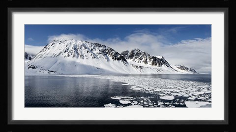 Framed Ice floes on water with a mountain range in the background, Magdalene Fjord, Spitsbergen, Svalbard Islands, Norway Print