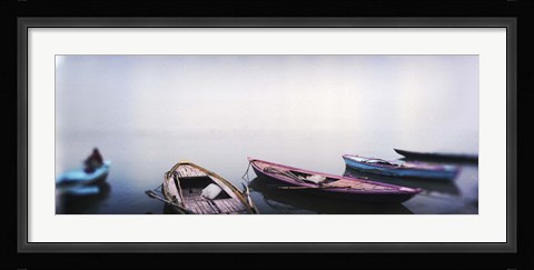 Framed Row boats in a river, Ganges River, Varanasi, Uttar Pradesh, India Print