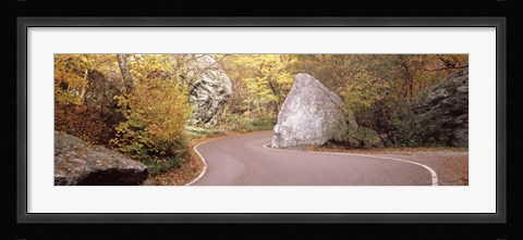 Framed Road curving around a big boulder, Stowe, Lamoille County, Vermont, USA Print
