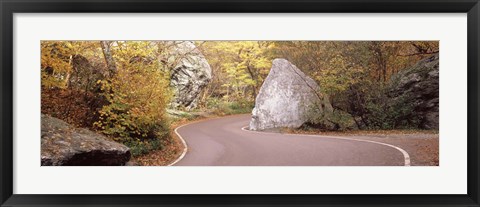 Framed Road curving around a big boulder, Stowe, Lamoille County, Vermont, USA Print