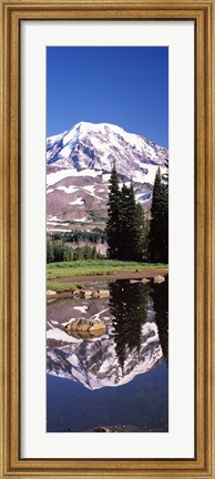 Framed Reflection of a mountain in a lake, Mt Rainier, Pierce County, Washington State, USA Print