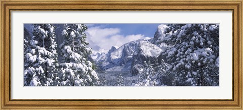 Framed Mountains and waterfall in snow, Tunnel View, El Capitan, Half Dome, Bridal Veil, Yosemite National Park, California Print
