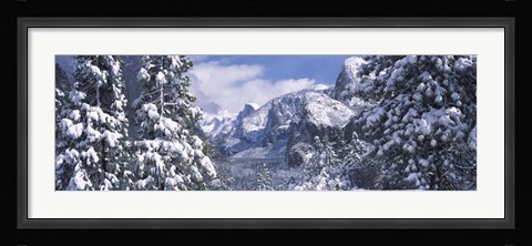 Framed Mountains and waterfall in snow, Tunnel View, El Capitan, Half Dome, Bridal Veil, Yosemite National Park, California Print