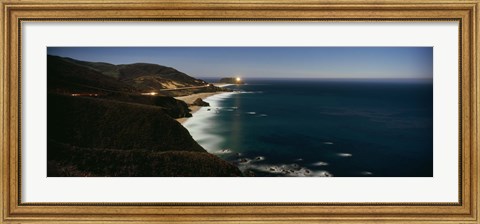 Framed Lighthouse at the coast, moonlight exposure, Big Sur, California, USA Print