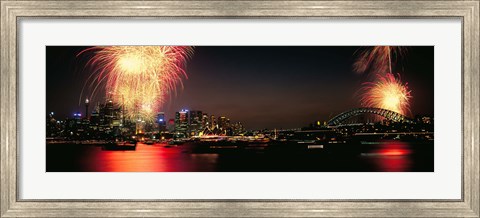 Framed Firework display at New year&#39;s eve in a city, Cremorne Point, Sydney, New South Wales, Australia Print