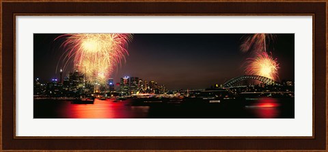 Framed Firework display at New year&#39;s eve in a city, Cremorne Point, Sydney, New South Wales, Australia Print