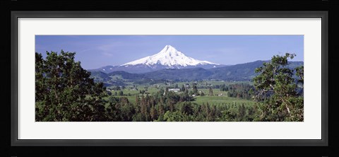 Framed Trees and farms with a snowcapped mountain in the background, Mt Hood, Oregon, USA Print