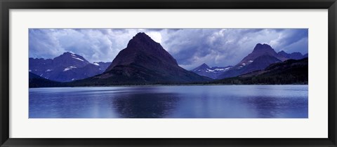 Framed Reflection of mountains in a lake, Swiftcurrent Lake, Many Glacier, US Glacier National Park, Montana (Blue) Print