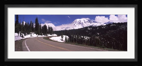 Framed Road with a mountain range in the background, Mt Rainier, Mt Rainier National Park, Pierce County, Washington State, USA Print