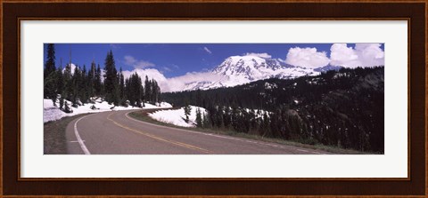Framed Road with a mountain range in the background, Mt Rainier, Mt Rainier National Park, Pierce County, Washington State, USA Print