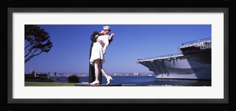 Framed Kiss between sailor and nurse sculpture, Unconditional Surrender, San Diego Aircraft Carrier Museum, San Diego, California, USA Print