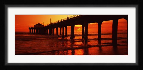 Framed Silhouette of a pier at sunset, Manhattan Beach Pier, Manhattan Beach, Los Angeles County, California, USA Print