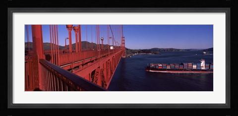 Framed Container ship passing under a suspension bridge, Golden Gate Bridge, San Francisco Bay, San Francisco, California, USA Print