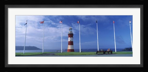Framed Lighthouse with flags on the coast, Smeaton's Tower, Plymouth Hoe, Plymouth, Devon, England Print