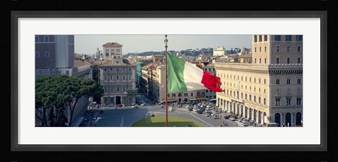 Framed Italian flag fluttering with city in the background, Piazza Venezia, Vittorio Emmanuel II Monument, Rome, Italy Print