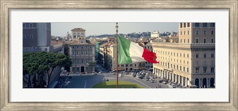 Framed Italian flag fluttering with city in the background, Piazza Venezia, Vittorio Emmanuel II Monument, Rome, Italy Print